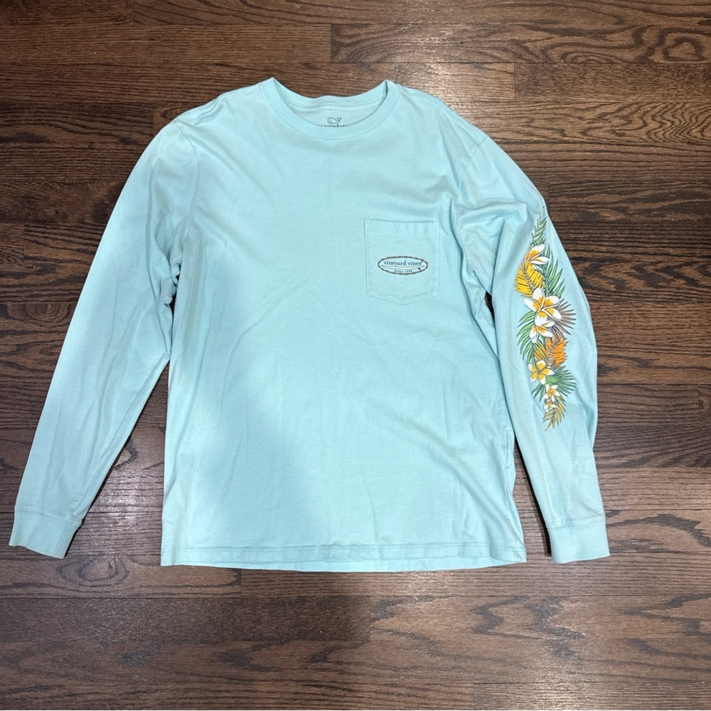 Vineyard Vines Long Sleeve Crew Neck Baby Blue Cotton Tee Men Sz S Pocket